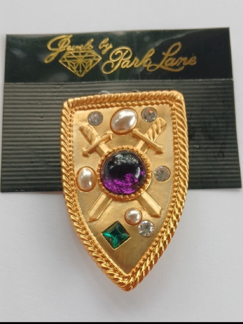 Park Lane New Old Stock Vintage Jeweled Crossed Swords Coat Of Arms Brooch